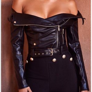 HOUSE OF CB - ROMERA BLACK OFF THE SHOULDER VEGAN LEATHER JACKET (M)